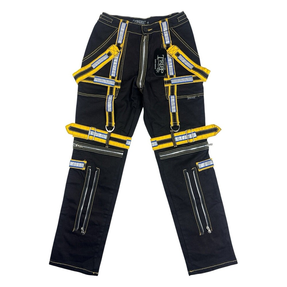 Tripp NYC Energizer Reflective Strap Pants Black Yellow Cyber Goth Size 30 NWT - Picture 2 of 8